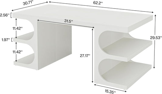 Modern Executive Office Desk, 63-Inch Large Computer Home Office Desk with Storage Shelves, Wood Study Writing Table, Workstation Business Furniture, White