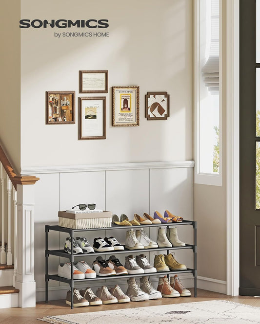 Shoe Rack, 3-Tier Shoe Storage Organizer, Space-Saving, 11.6 X 36.1 X 21 Inches, Entryway, Metal Frame, Non-Woven Fabric Shelves, Ink Black ULSH033BH01S