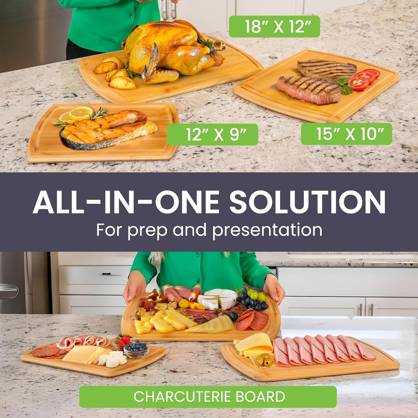 Glue-Free Surface™ Extra Large Bamboo Cutting Board Set – for Chopping Vegetables, Carving Meat, Slicing Bread, and Serving Cheese & Charcuterie for Safer Family Meal Prep – for Health Conscious Chefs