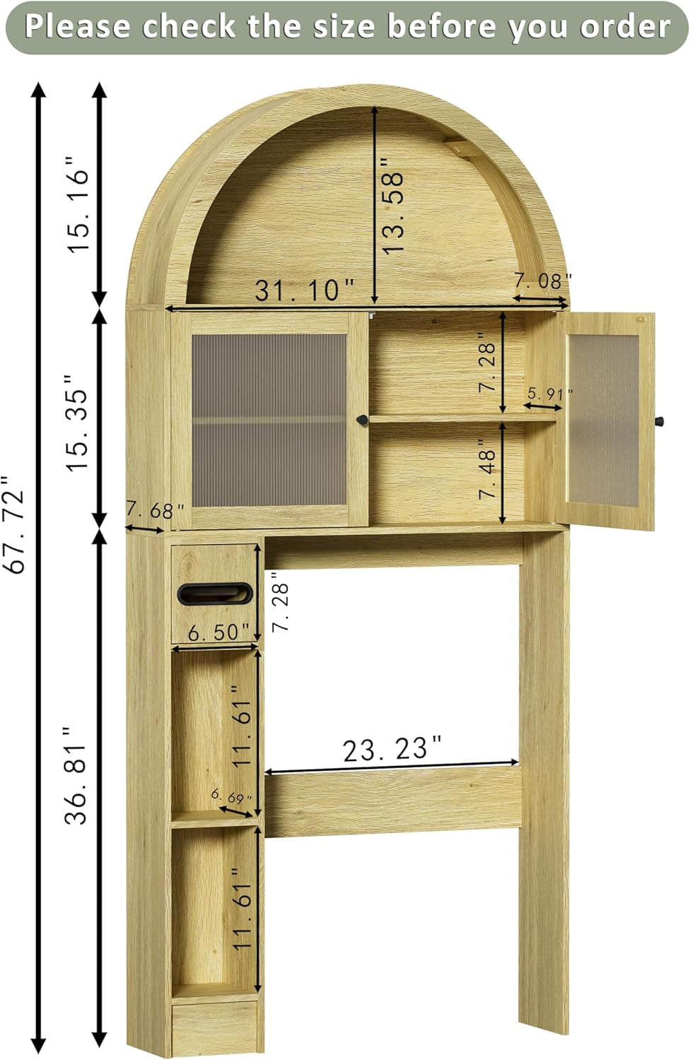 Over the Toilet Storage Cabinet, 31''W Arched Space-Saving Bathroom Organizer with Adjustable Shelf and Acrylic Doors, Freestanding over Toilet Cabinet for Bathroom, Laundry, Restroom (Oak Wood)