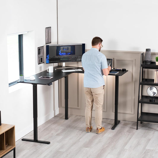 Corner Standing Desk, 75 X 63 Inch Reversible L-Shaped Workstation, Electric Height Adjustment, Home, Office, and Reception Rooms, Black Table Top Black Frame, DESK-E3CTB-75