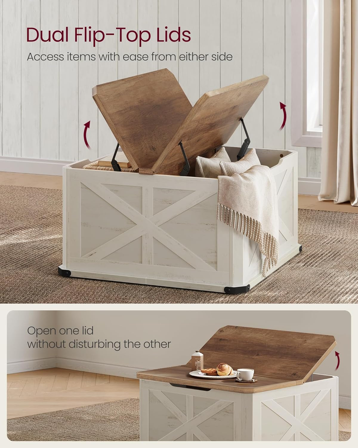 Farmhouse Coffee Table with Storage, Square Coffee Table for Living Room, Center Table with Flip-Top Lids, Honey Brown and Rustic White ULCT232W73