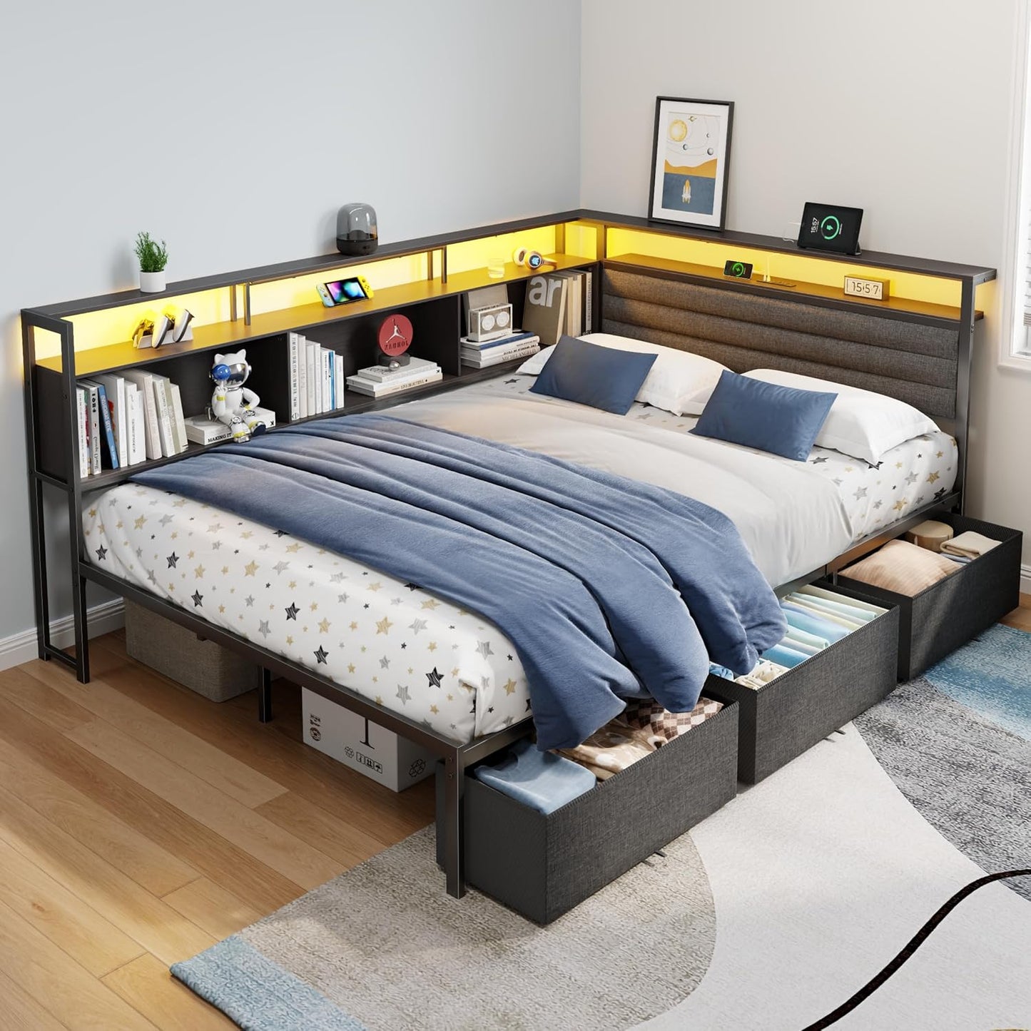 Full Size Bed Frame with Headboard and Storage Drawers, Full Metal Platform Corner Bed Frame with Charging Station and LED Lights, Heavy Duty Strong Support Slats and Easy to Assemble, Black