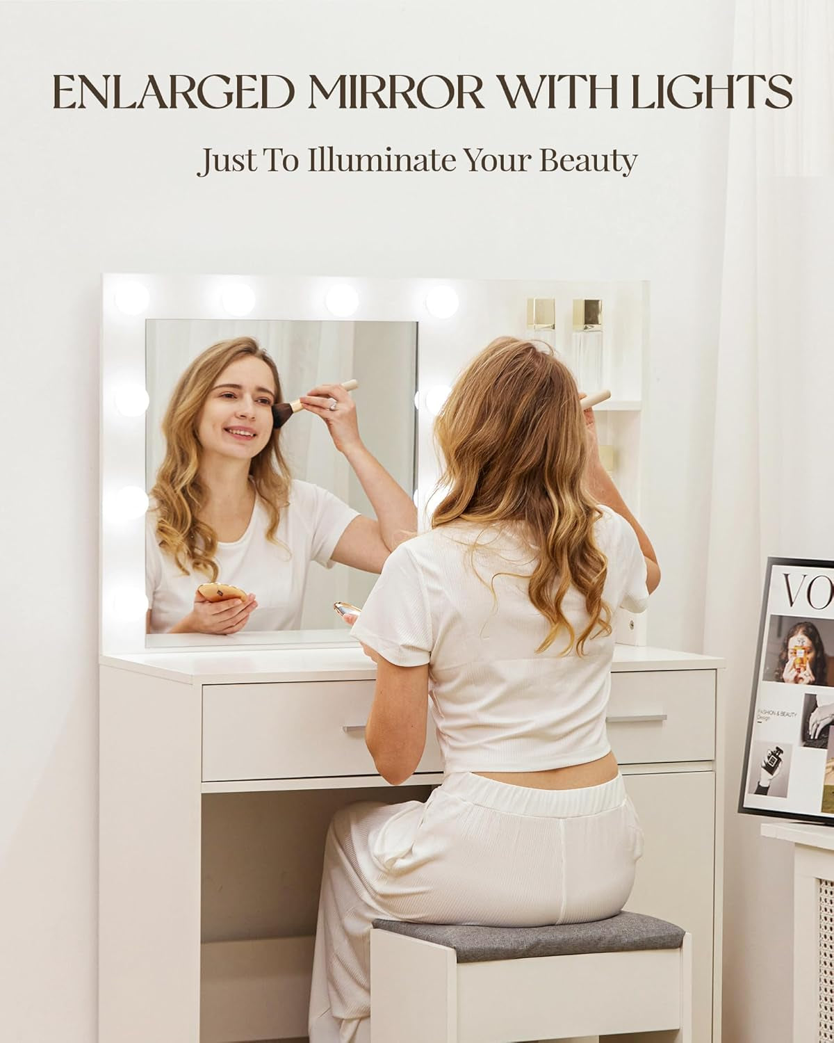 Lighted Makeup Vanity Desk, 35.4“W X 15.7'”D X 54“H, White (With Lights and Mirror, Dimming Function, 2 Drawers and 1 Cabiniet, Open Shelves) by Boahaus
