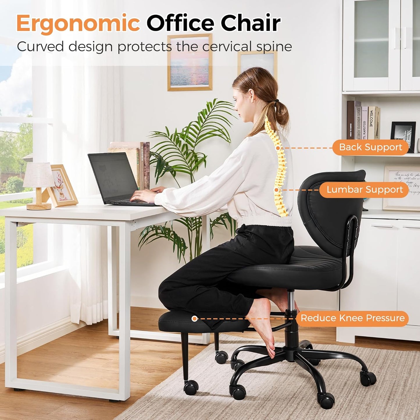 Cross Legged Office Chair, Ergonomic Criss Cross Chair with Wheels, 360° Swivel Height-Adjustable Meditation Chair for Yoga & ADHD, Wide Kneeling Chair with Strong Lumbar Support (Black) BPY01B