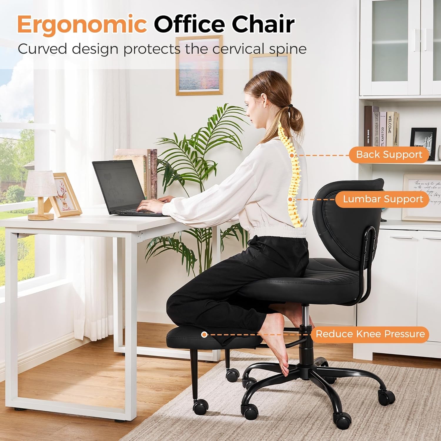 Cross Legged Office Chair, Ergonomic Criss Cross Chair with Wheels, 360° Swivel Height-Adjustable Meditation Chair for Yoga & ADHD, Wide Kneeling Chair with Strong Lumbar Support (Black) BPY01B