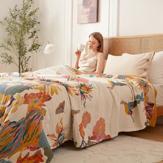 Boho Throw Blanket - 100% Cotton Soft Throw Blanket for Bed, 50"X60" Reversible Breathable Lightweight Fall Blankets, All Seasons Farmhouse Decor Floral Plant Butterfly Throw Quilt