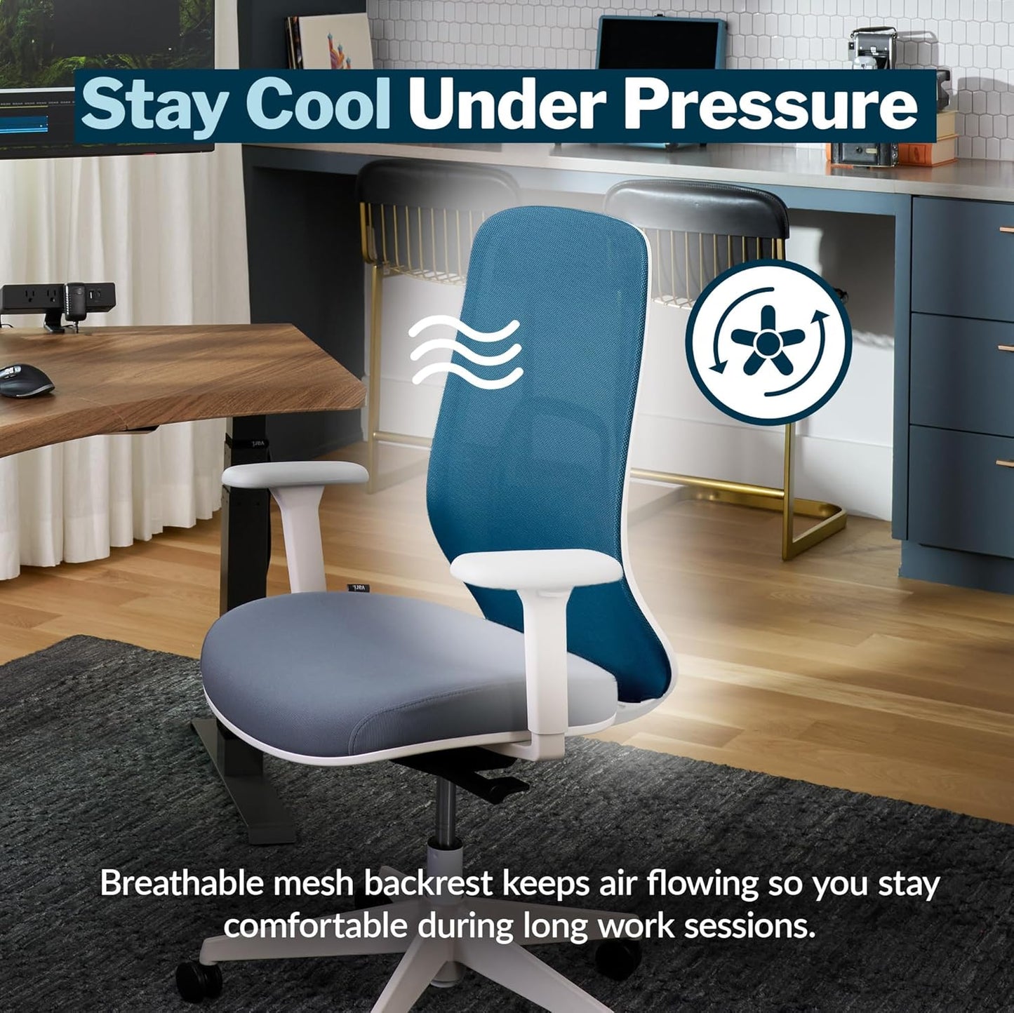 Ascent Ergonomic Desk Chair for Home Office with Wheels, Breathable Mesh Back, Lumbar Support, Adjustable Seat Depth & Height, 20 Degree Tilt Function – Easy Assembly (Cloud White/Steel Blue)