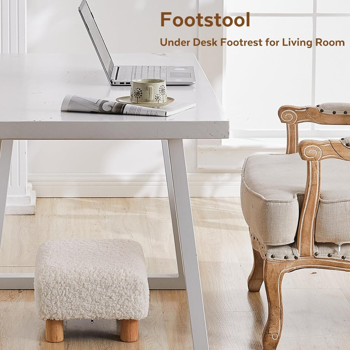 Small Foot Stool Ottoman, Sherpa Footstool Ottoman Foot Rest for Couch, Rectangle Footstools and Ottomans Small for Living Room, Entryway and Bedroom (White)