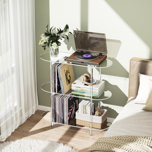 Clear Acrylic Record Player Stand with Vinyl Storage, 31.5" L X 11.8" W X 30.7" H, 3 Tier Oval Side Turntable Table with Large Album Shelf, Modern End Table Bookshelf for Living Room, Bedroom