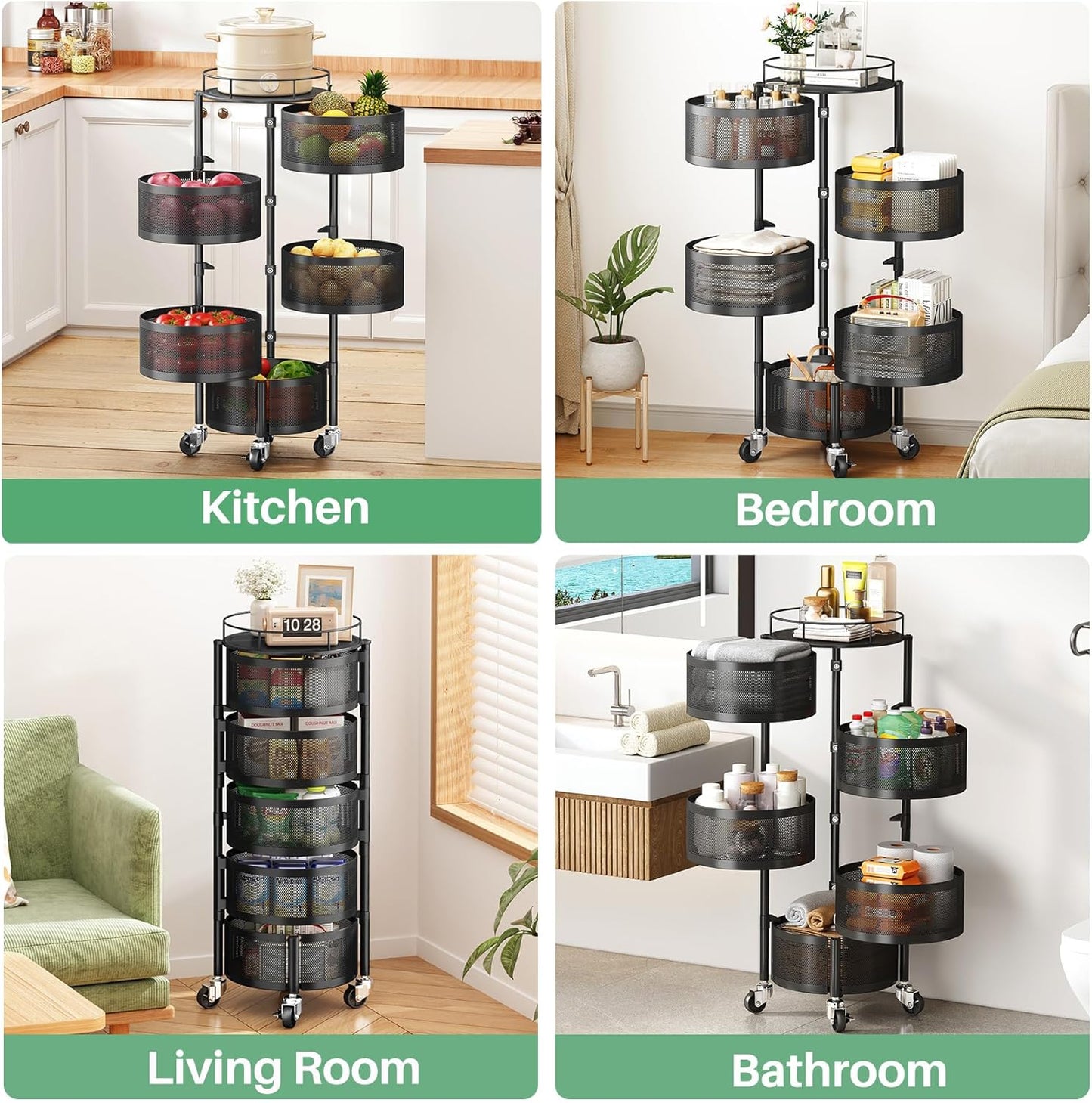 Black five tier rotating fruit and vegetable storage cart with wheels, view 8