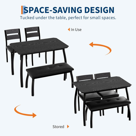 43'' Dining Table Set for 4, Wooden Kitchen Table with Upholstered Bench & 2 Cushion Chairs, Industrial Dinette Set for Studio, Kitchen, Dining Room, Apartment, Black