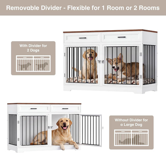 Dog Crate Furniture 47" Wooden Dog Kennels for Dogs Indoor with a Removable Divider for Large/Medium/Small Dogs, 2 Storage Drawers and Large Tabletop Dog Cages Double Doors Dog House, White