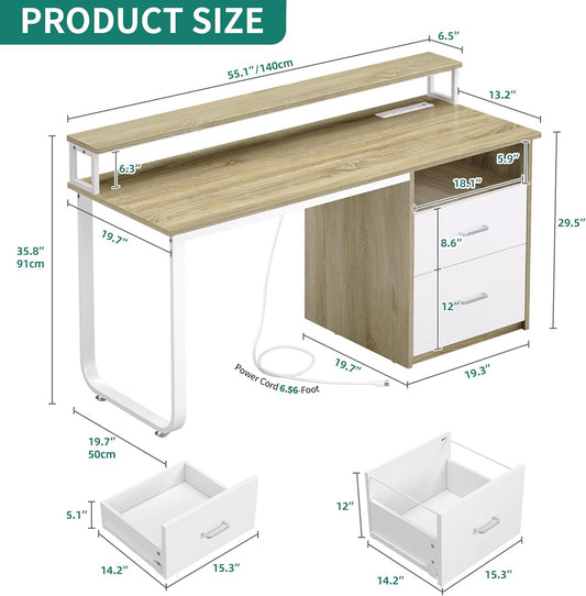 Computer Desk with Drawers, 55" Office Desk with Power Outlets & LED Light, Home Office Desk with Storage Shelves, White & Oak