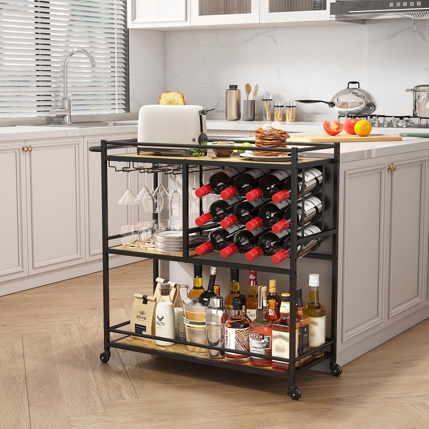 Bar Cart for the Home, 3 Tier Drink Cart with Lockable Wheels, 12 Wine Rack and 3 Rows Glass Holders, Liquor Serving Cart for Kitchen Dining Livingroom, 31.6" X 13.1" X 33.9", Rustic Brown