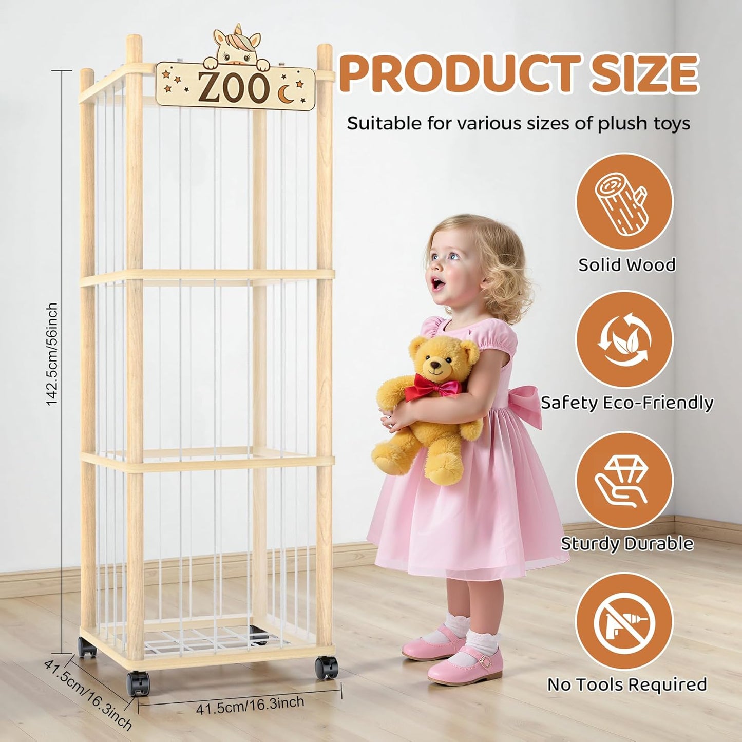 Wooden stuffed animal storage tower with wheels and elastic bands, view 8
