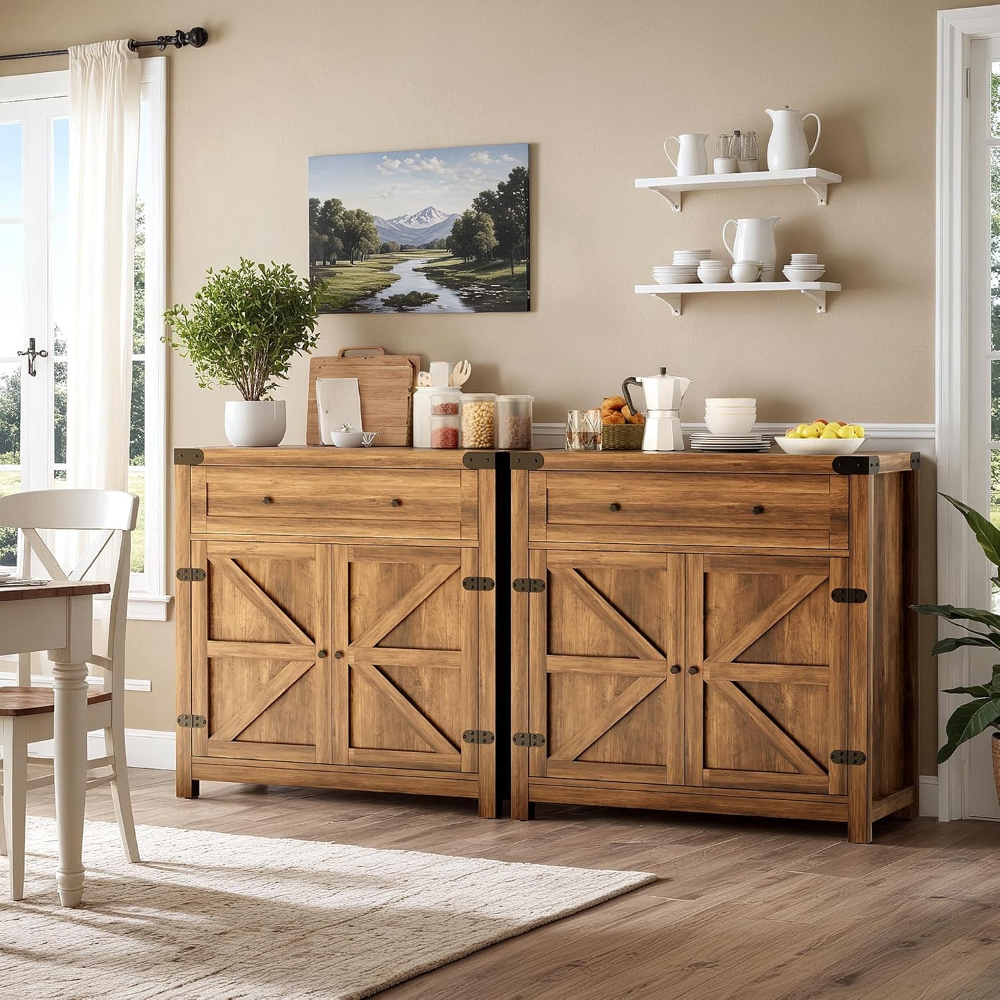 Coffee Bar and Accent Cabinet, Farmhouse Barn Door Buffet Sideboard with Drawer and Adjustable Shelf, Wide Desktop for Kitchen, Dining Room, Bathroom, Entryway, Brown