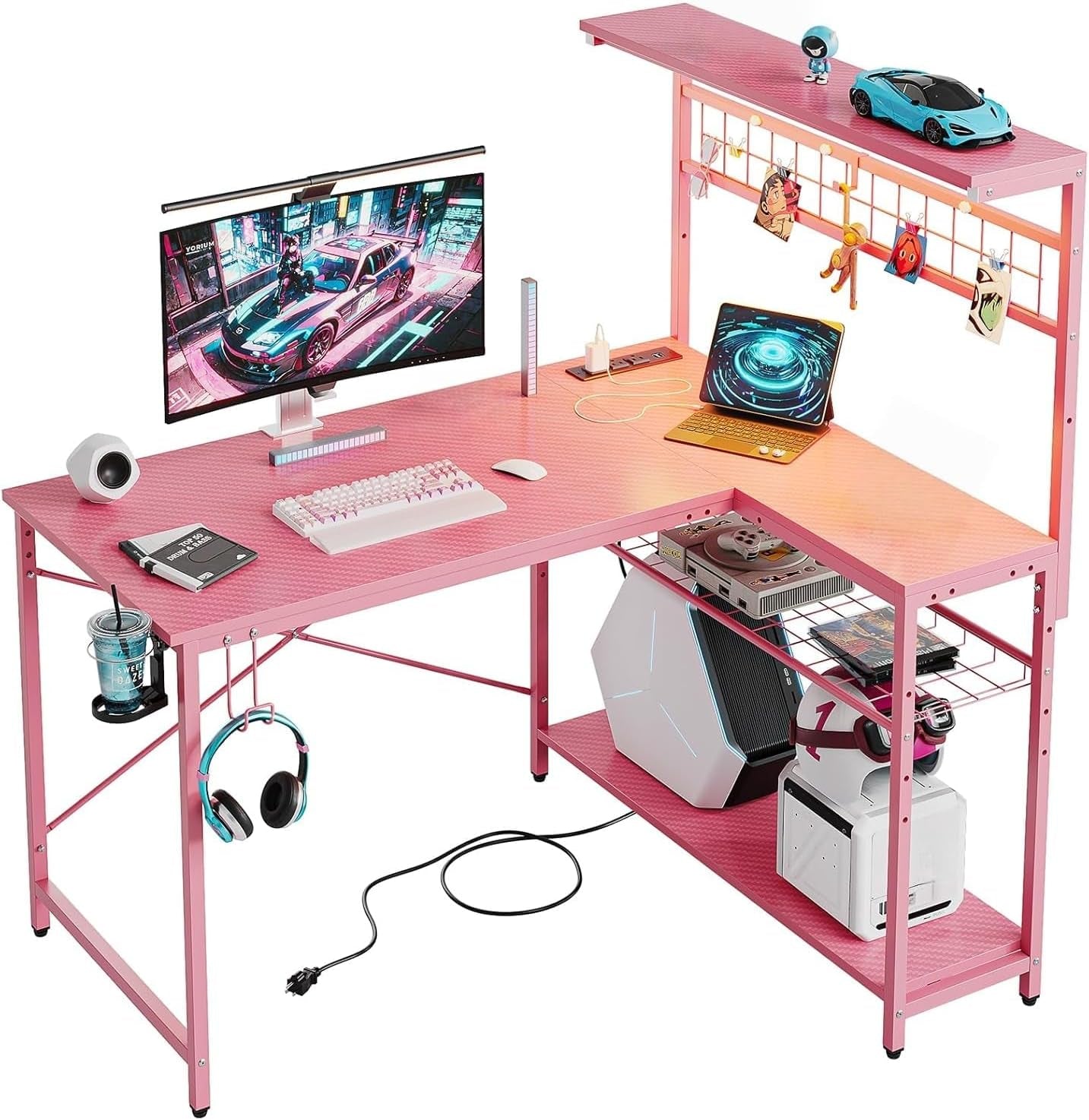 42 L Gaming Desk,Computer Desk with Power Outlets, LED Lights, Reversible Corner Desk with 4-Tier Shelves,Cup Holder & Hook Carbon Fiber Pink