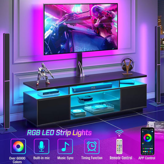 TV Stand with Mount and Power Outlet 51.2", Swivel TV Stand Mount for 32/45/55/60/65/70 Inch Tvs, Height Adjustable Modern Entertainment Center with Storage & LED Lights, TV Table Black