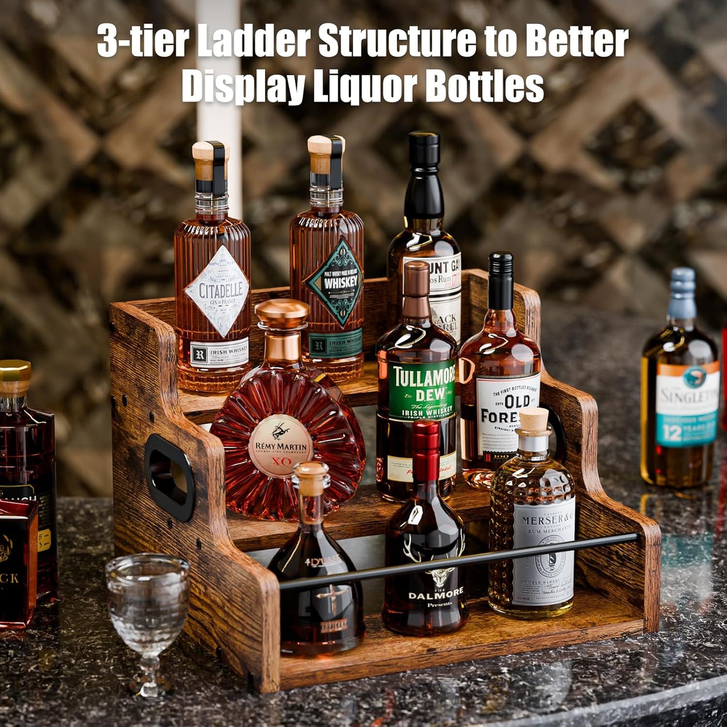 Liquor Bottle Display Shelf, Coffee Syrup Rack Organizer, 3 Step Countertop Wine Rack, Mini Bar, Retro Bar Shelf Stand for Whiskey, Spirits