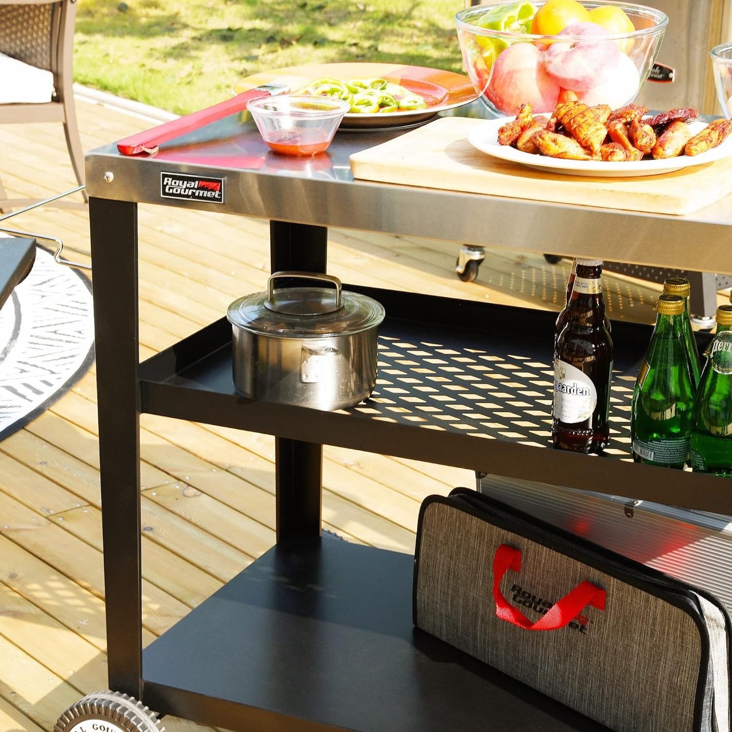 PC3404S Rolling Dining Table with Trash Bag Holder, Outdoor Garden Patio BBQ Kitchen Food Prep Table Cart, 34"L X 20"W Stainless Steel Tabletop, Silver & Black