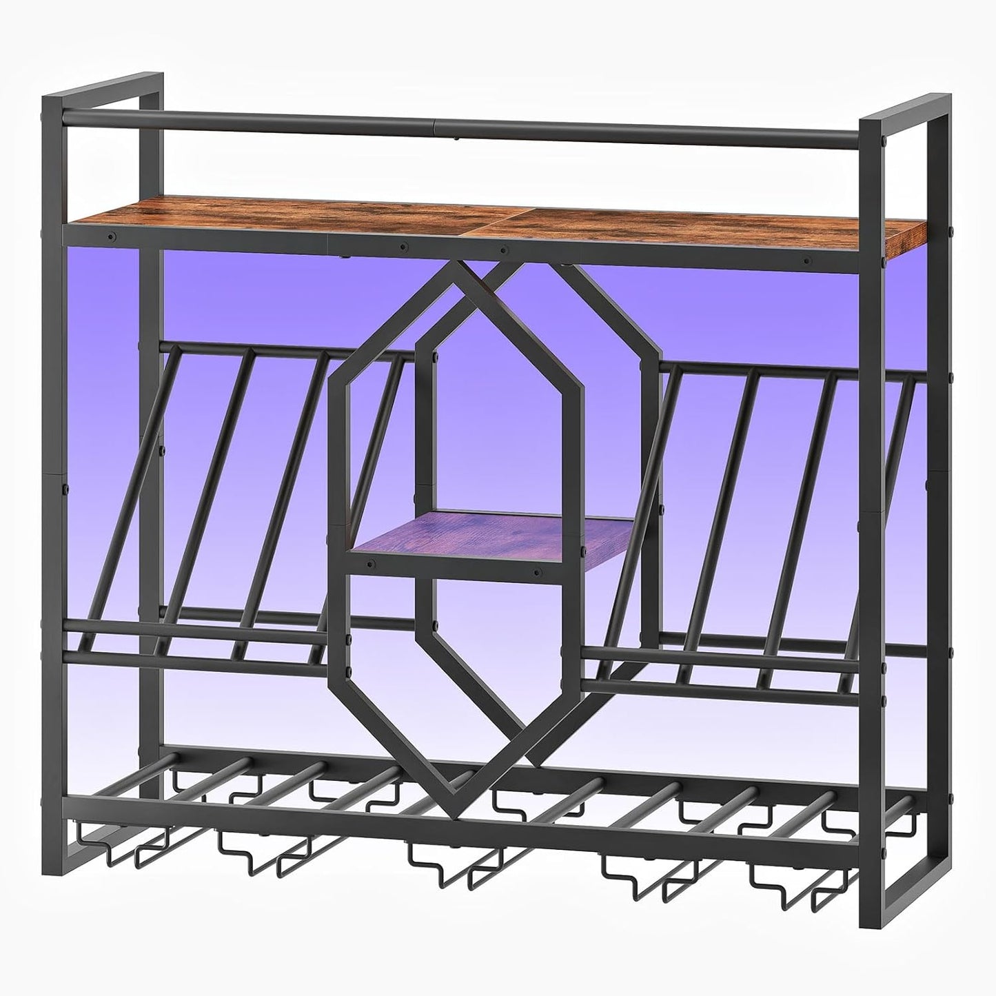 Wall Mounted Wine Rack with LED Light, 31.5" Wine Shelf, 3 Tier Wine Bottle Display Shelf with Glass Holder, Hanging Bar Liquor Storage Rack, for Kitchen, Bar, Rustic Brown and Black BF73DBJ01