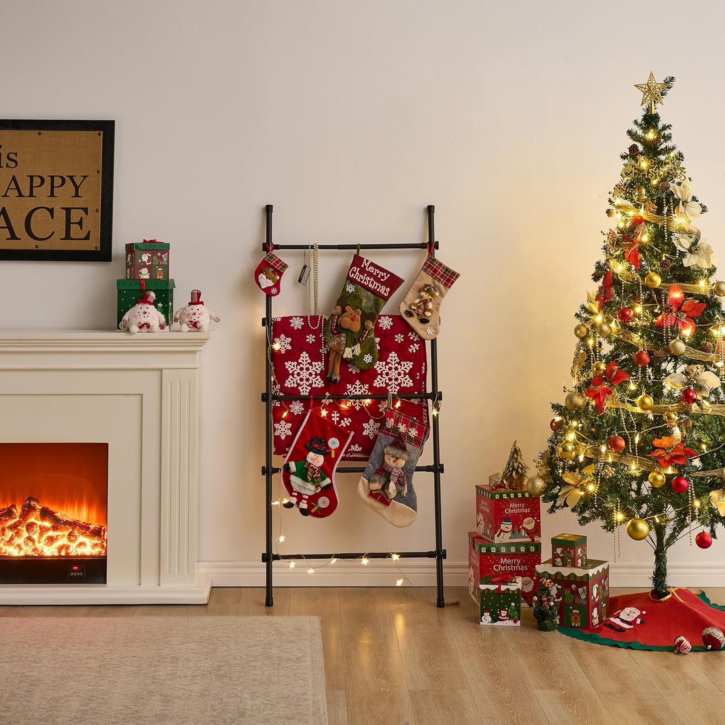 Blanket Ladder Black Expandable Width (17.3-32.3 Inch) 5.4 Ft Tall 5 Rungs Metal Quilt Holder Rack Wall Leaning Strong Load Capacity, Modern Farmhouse Decor Easy Assembly for Living Room,Bedroom