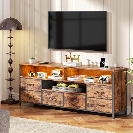 55" LED TV Stand for Bedroom with Power Outlets, Entertainment Center with 6 Fabric Drawers for 50/55/60 Inch Tvs, Dresser TV Stand Long Console Media Table for Living Room, Rustic Brown