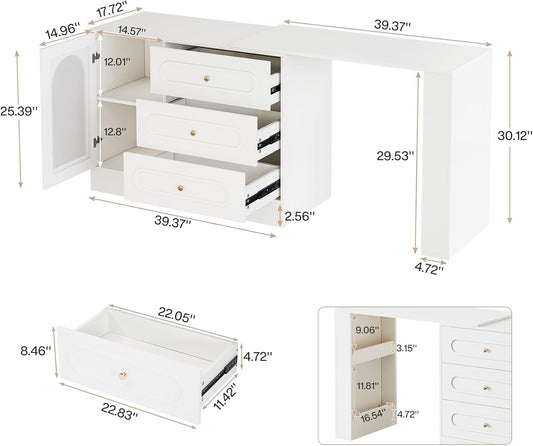 Corner Makeup Vanity Desk with 3 Drawers, 78" Modern L-Shaped Vanity Table with Reversible Cabinet, Extendable Dressing Table Combo with 1 Door for Women & Girls Bedroom (Without Mirror)
