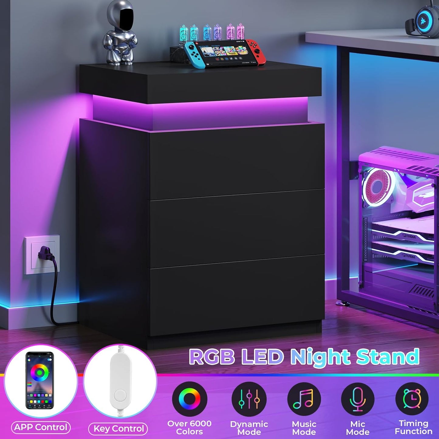 LED Nightstands Set of 2,Night Stands for Bedroom Set of 2,Nightstand with Charging Station and Sliding Top,Bedside Table with Power Outlets & Drawers,Modern End Side Table (Black)