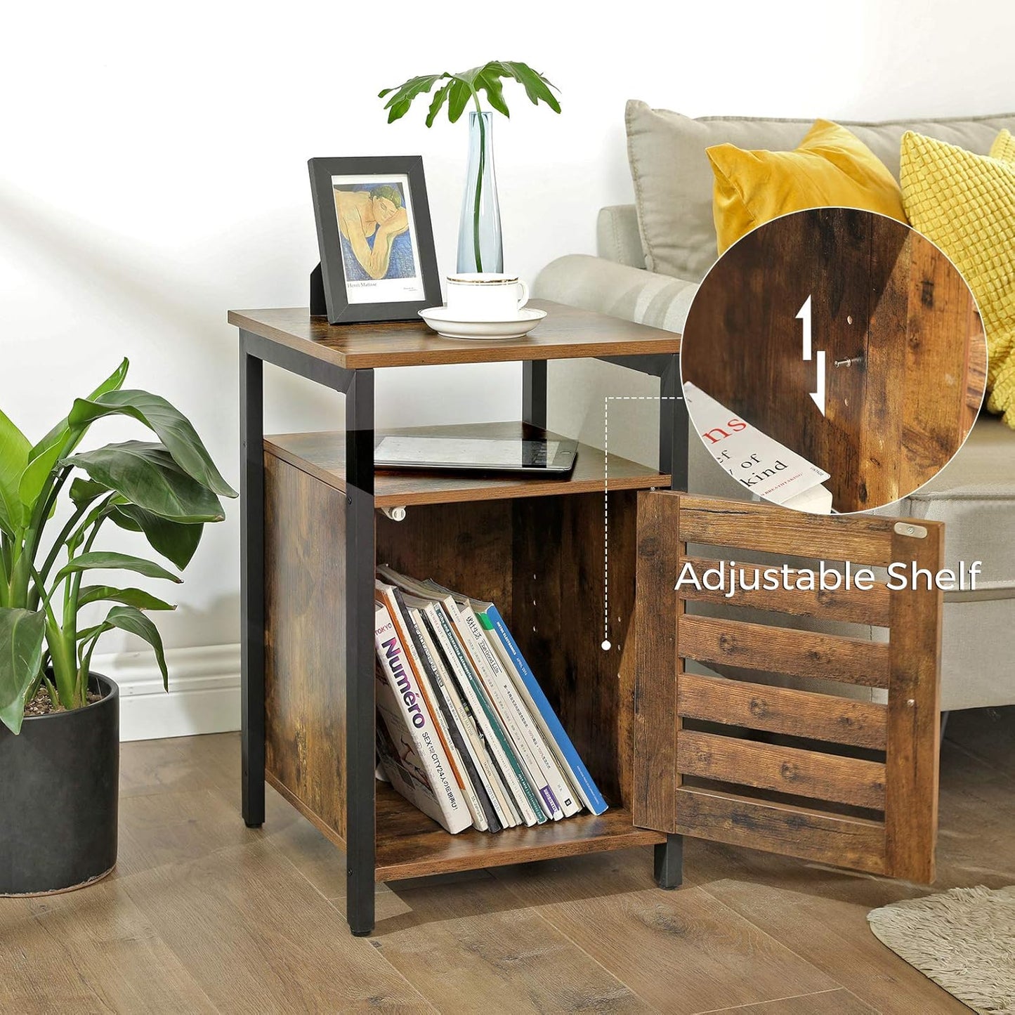 Nightstand, End Table with Open Shelf, Side Table, Inner Adjustable Shelf, Steel Frame, 15.7 X 15.7 X 23.6 Inches, Bedroom, Industrial, Rustic Brown and Black ULET62BX