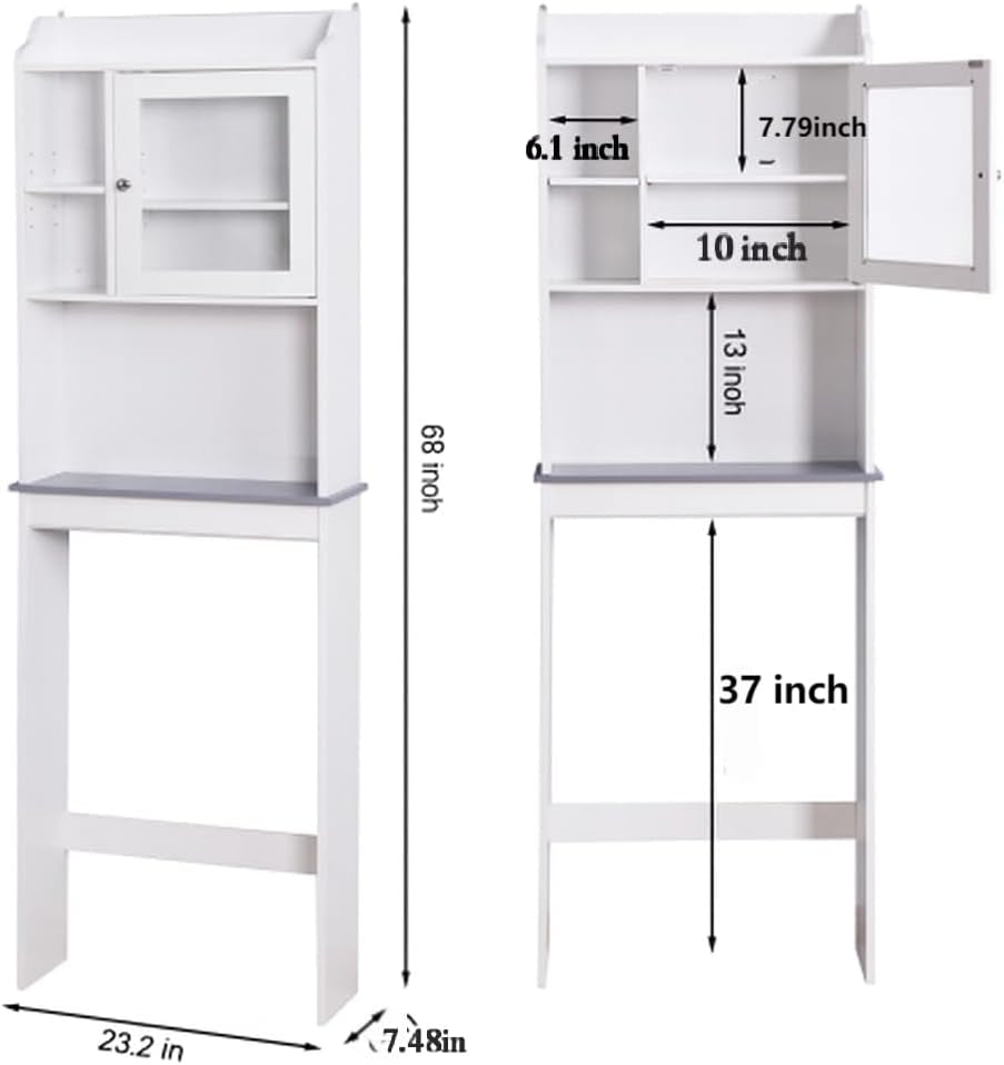 Over Toilet Space Saver Cabinet – Bathroom Organizer with Enclosed Door, Open Storage & Marble-Look Shelf (White)