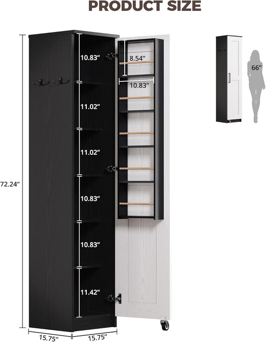 Small Kitchen Pantry Cabinet 72" for Narrow Space, with Single Door and Adjustable Shelves, Freestanding Tall Storage Cabinet for Living Room, Bathroom, Black and White
