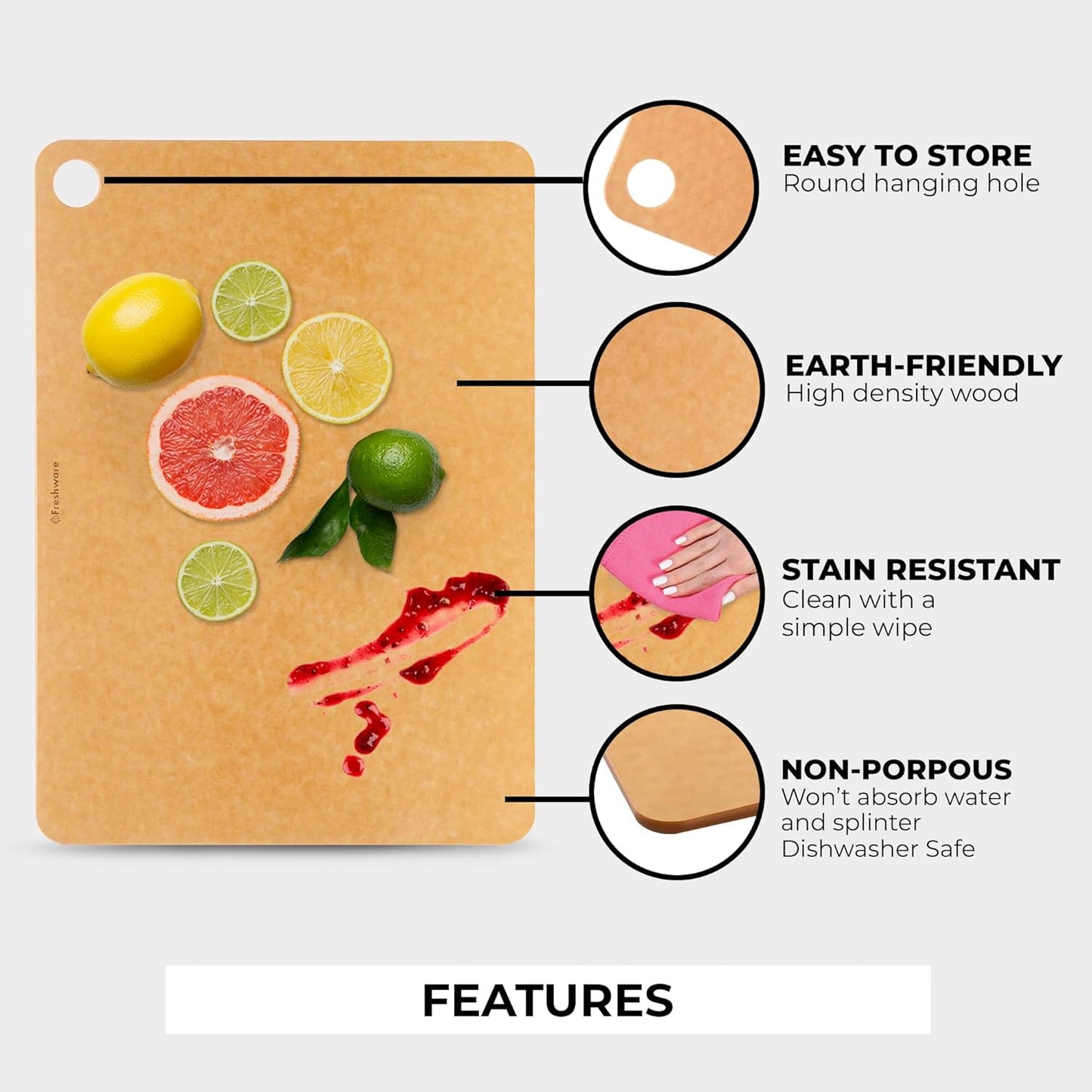 Wood Cutting Boards for Kitchen, Dishwasher Safe, Medium 12" X 9" and Large, 15" X 11.25", Set of 2, Natural