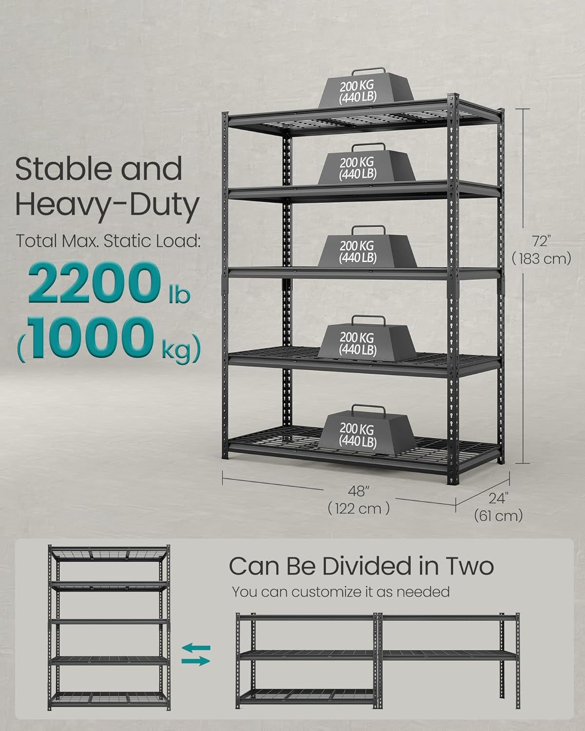5-Tier Storage Shelves, Heavy-Duty Garage Shelving, Adjustable Shelving Unit, Steel Shelf, Boltless Assembly, for Garage, Shed, 2,200 Lb Load, 24 X 48 X 72 Inches, Ink Black UGLR454B01