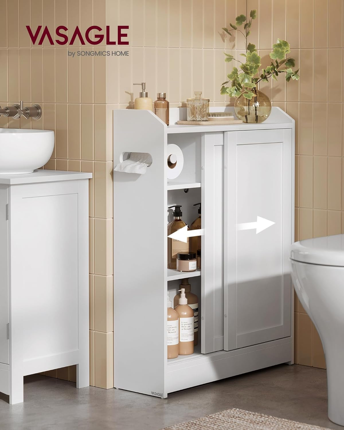 Bathroom Cabinet, Slim Bathroom Storage Cabinet, Toilet Paper Holder and Brush Compartment, Sliding Doors, Adjustable Shelves, Next to Toilet, 7.9 X 23.6 X 31.5 Inches, Cloud White UBBC752W01