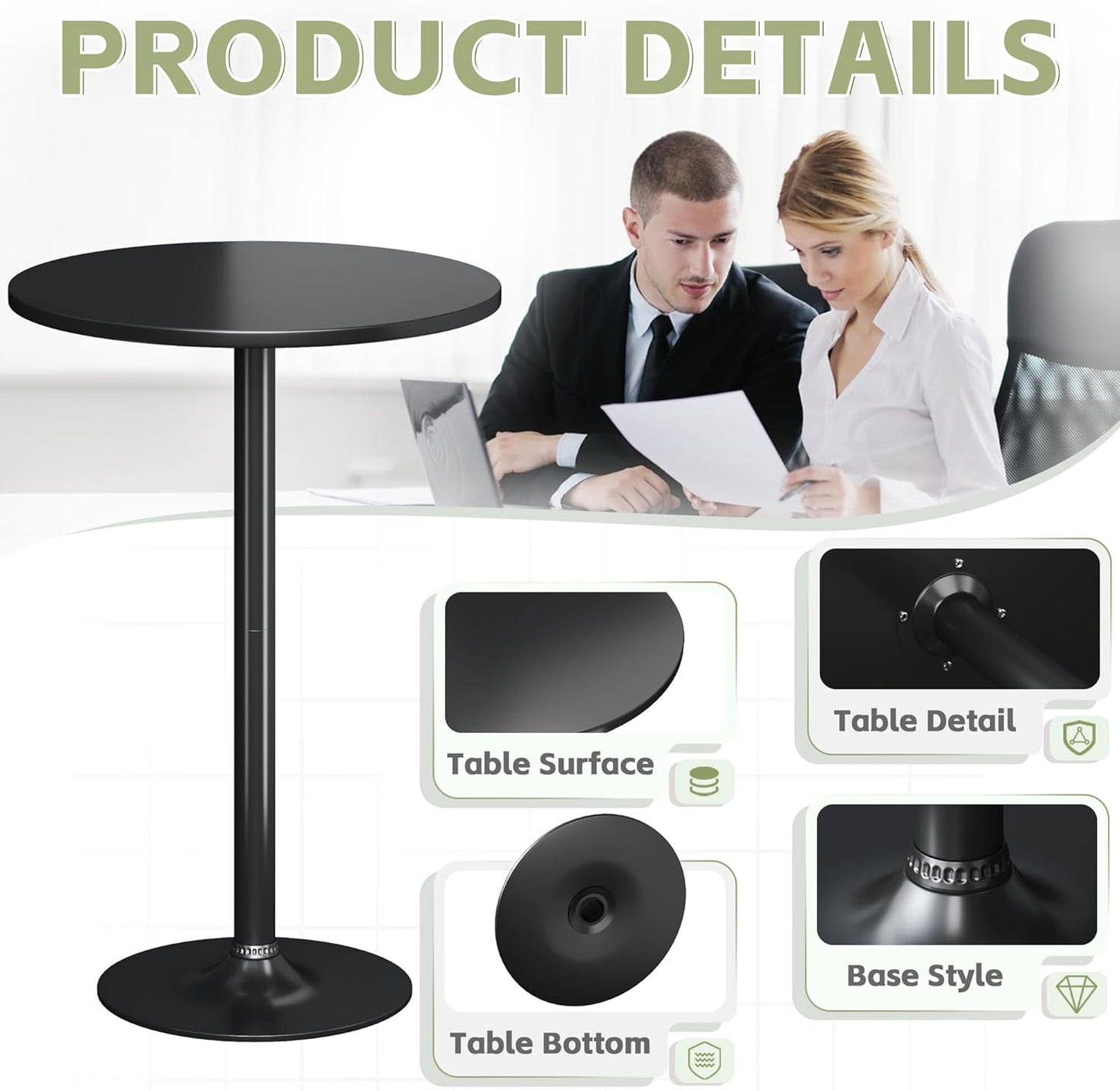 round Bistro Pub Table 2 Pack Modern Style Metal Base MDF Top Cocktail Bar Table Counter Bar Height for Pub, Dining Room, Party (Full Black)