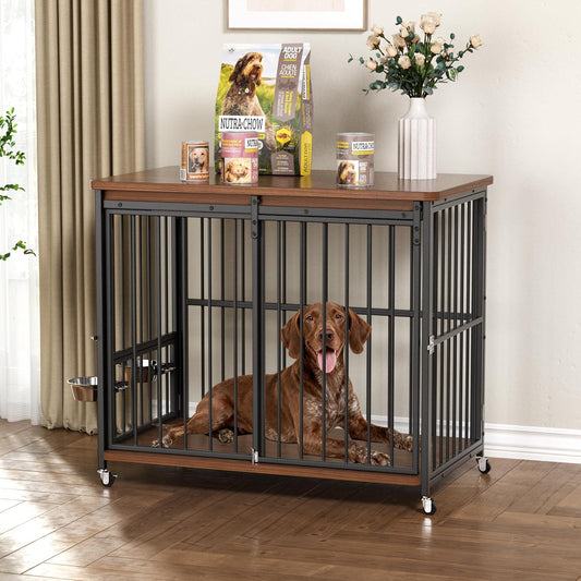 Dog Crate Furniture, 32’’ Wooden Dog Kennel Indoor with Sliding Front Door, Multi-Side Openings & Feeding Window Pet Cage House as TV Stand, End Table for Medium Dogs