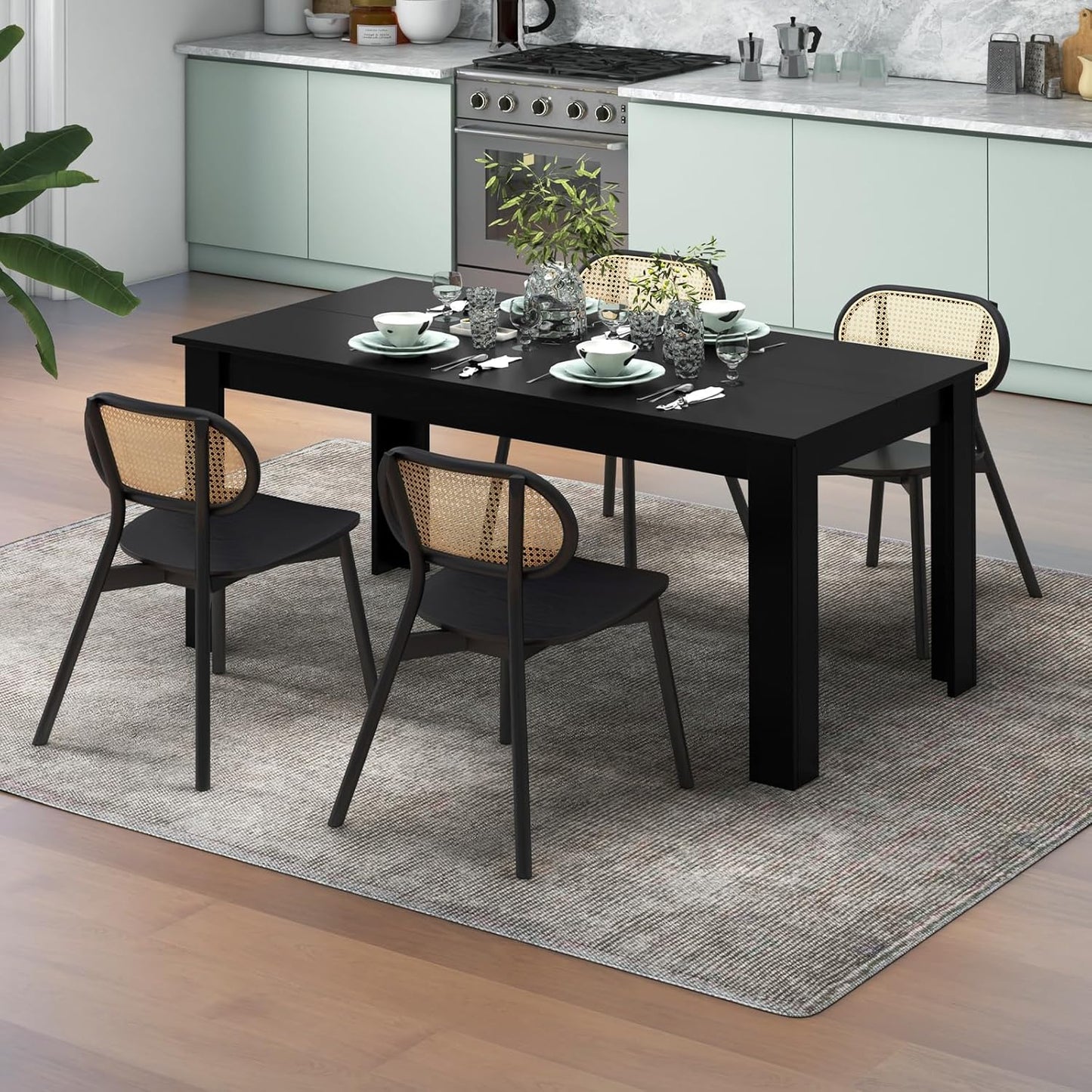 Dining Table for 6, Rectangular Kitchen Table with 330Lbs Capacity, Stable Structure, 63" L X 31.5" W X 30" H Large Farmhouse Center Tables for Dinner, Dinette, Dining Room, Black