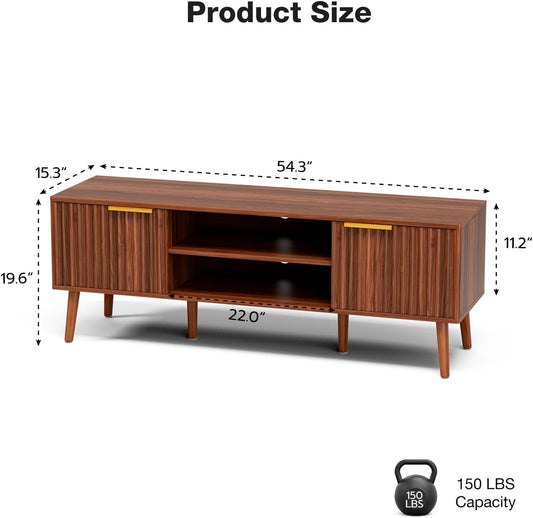 TV Stand for Living Room, Mid Century Modern Entertainment Center for 55/60 Inch Tvs, TV Console with Fluted Door Cabinets and Open Shelves, for Bedroom, Walnut