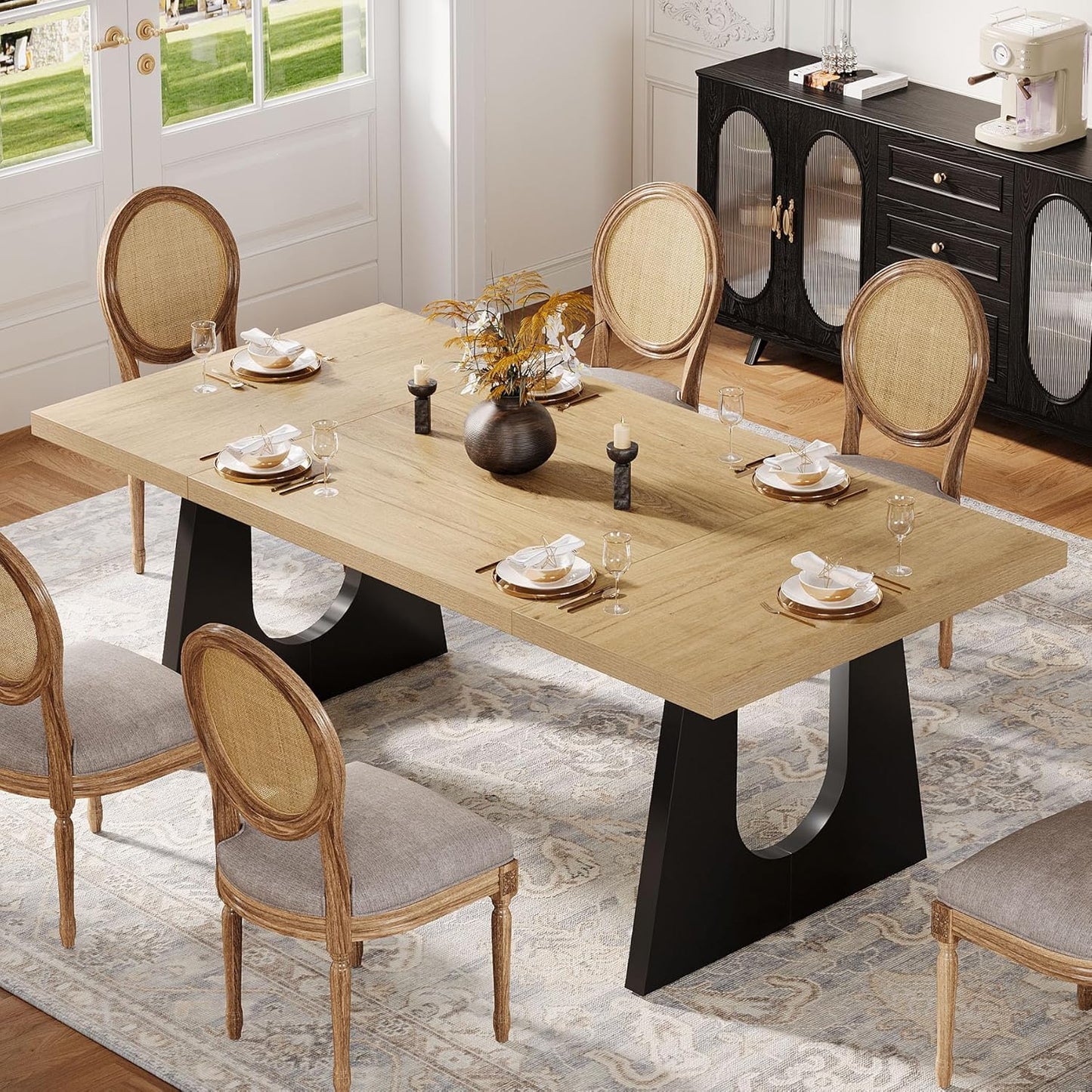 Large Dining Table for 6-8 People, 70.9-Inch Wood Rustic Rectangular Table with Black Wooden Legs, Farmhouse Center Kitchen Table for Dining Room, Living Room, Home Furniture, Oak and Black