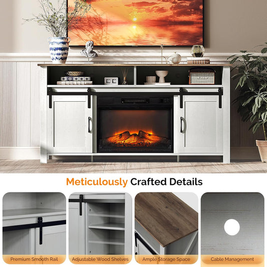 Fireplace TV Stand with Sliding Barn Door for 70 Inch TV, Farmhouse Entertainment Center & 23" Fireplace, Media Console Table with Storage Cabinets for Living Room, Distressed White & Barnwood