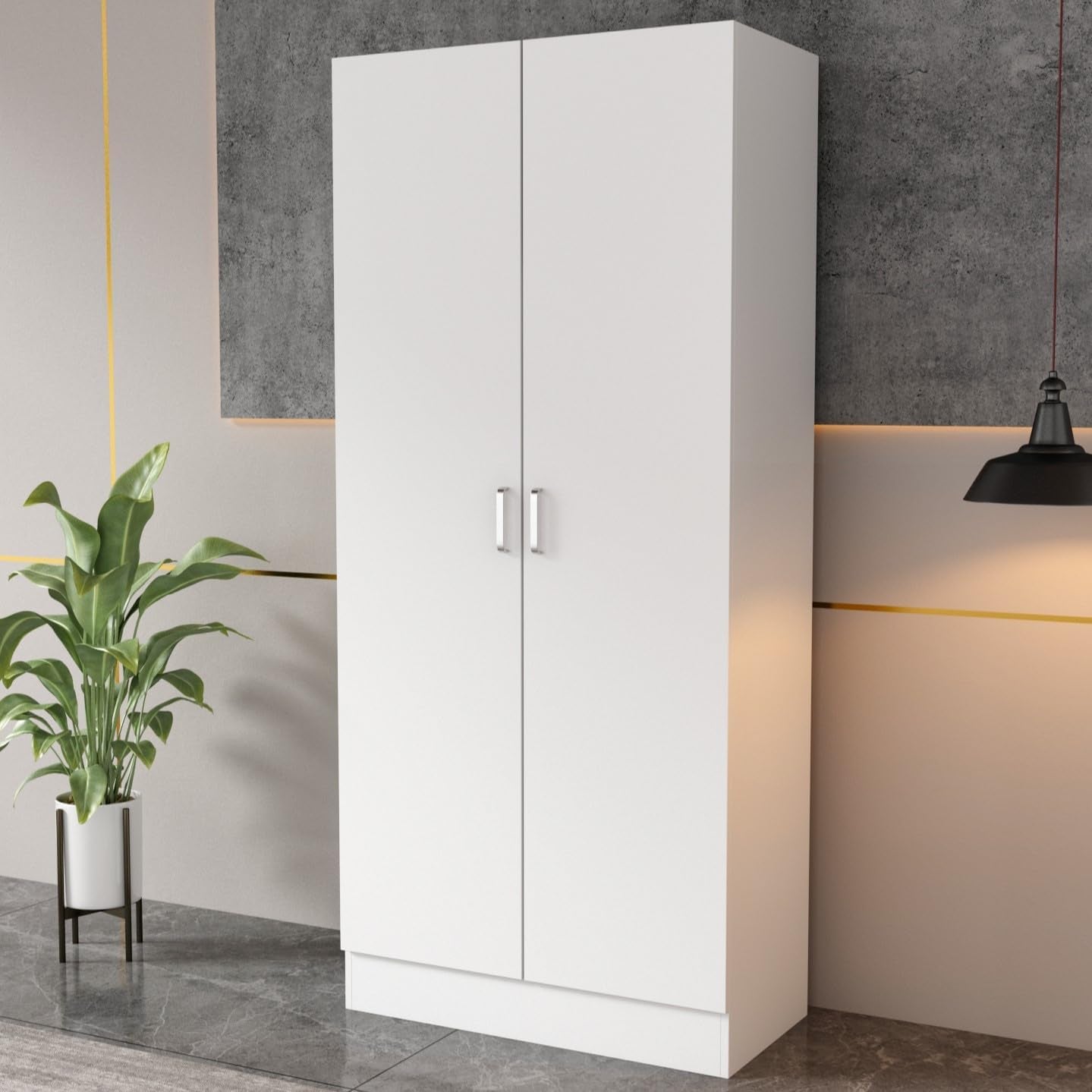 2-Door Wardrobe Cabinet with Hanging Rod and 5 Shelves, Modern Free Standing Wood Storage Closet with Sliver Metal Handles for Bedroom, White, 31.5”W X 19.1”D X 70.9”H