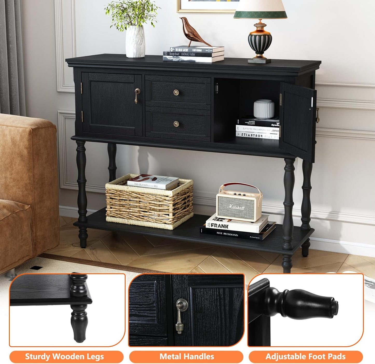 Console Table with 2 Drawers, Retro Entryway Table with 2 Door Cabinets and Open Storage Shelf, Narrow Long behind Couch Sofa Table for Living Room, Foyer, Hallway, Black