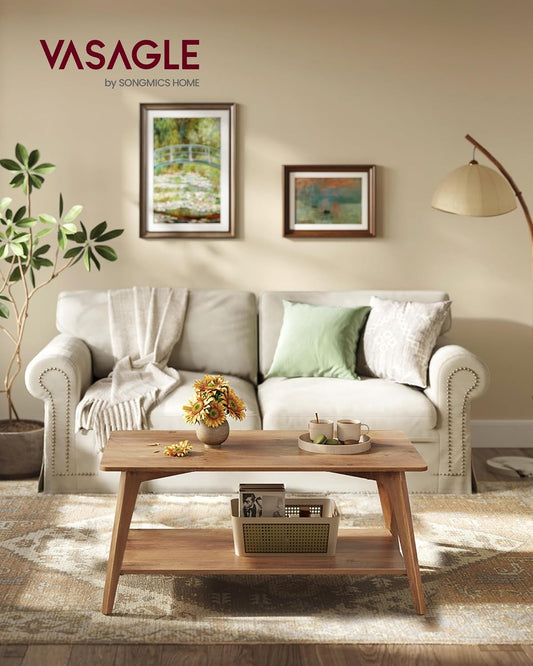 MAEZO Collection - Coffee Table, 2-Tier Center Table with Storage, Tapered Legs, Curved Transitions, 21.7 X 39.4 X 17.7 Inches, Easy to Assemble, for Living Room, Honey Brown ULCT249K01