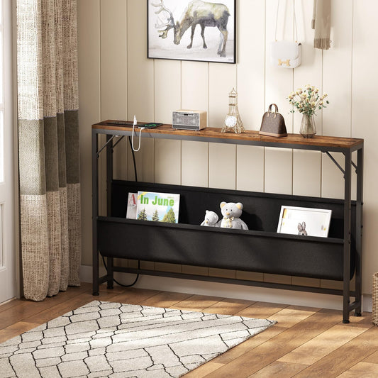 47.2'' Skinny Console Table with Charging Station and Storage, Narrow Sofa Table with Power Outlets and USB Ports, behind Couch Table, for Living Room, Foyer, Entryway, Hallway, Rustic Brown