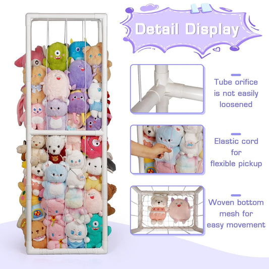 Stuffed Animal Storage Zoo Holder Space save Vertical PVC with Elastic Band and Net for Playroom Bedroom Nursery (White 1)