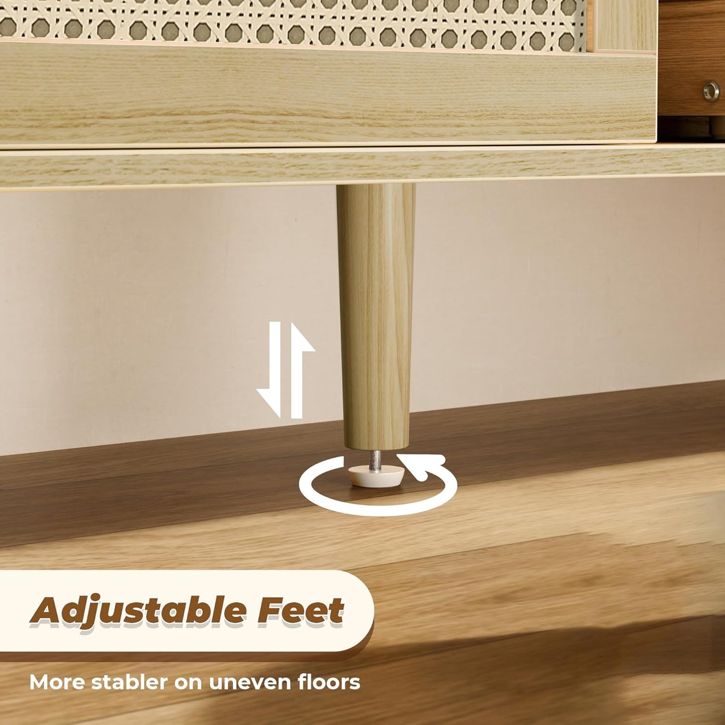 Boho TV Stand for 65 Inch TV, Entertainment Center with Adjustable Shelf, Rattan TV Console with 2 Cabinets, Media Console, Solid Wood Feet, 4 Cord Holes, for Living Room - Natural, 8782T