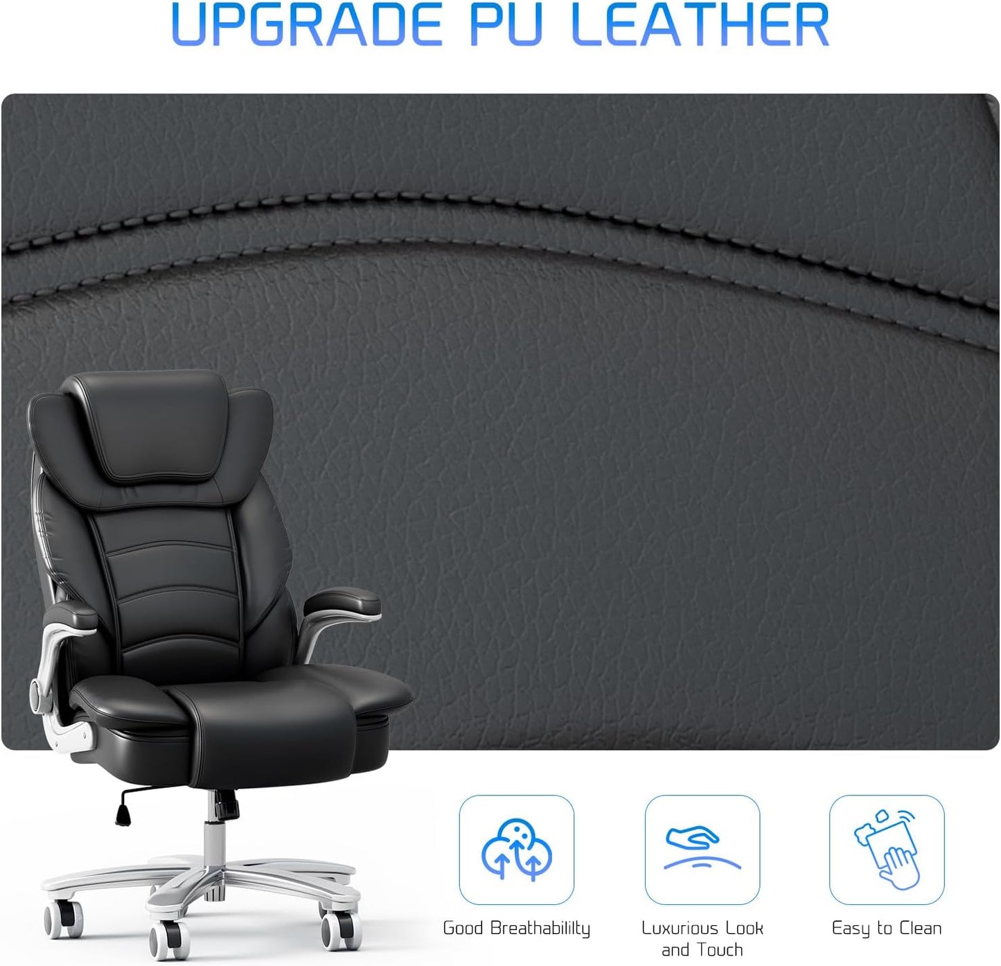 Big and Tall Office Chair 400Lb Wide Seat, Ergonomic High Back Leather Executive Desk Chair with Flip-Up Arms, Black