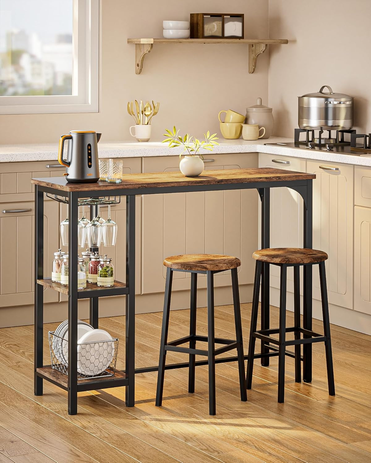 3-Piece Bar Table Set for 2, Table with Stools & 2 Storage Shelves, Small Bar Table Set with Glass Rack, Small Kitchen Table for Dining Room, Living Room, Rustic Brown